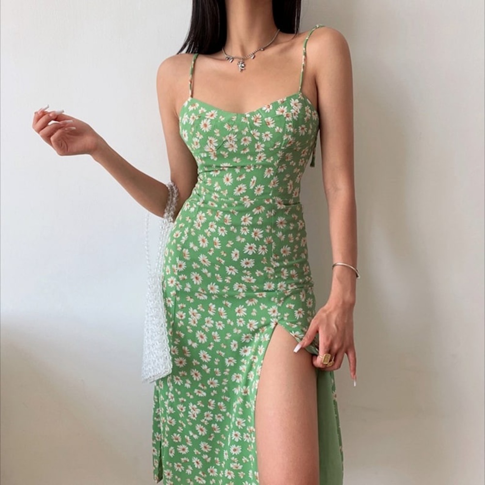 Floral Print Strap Slit Midi Dress in Green NWT